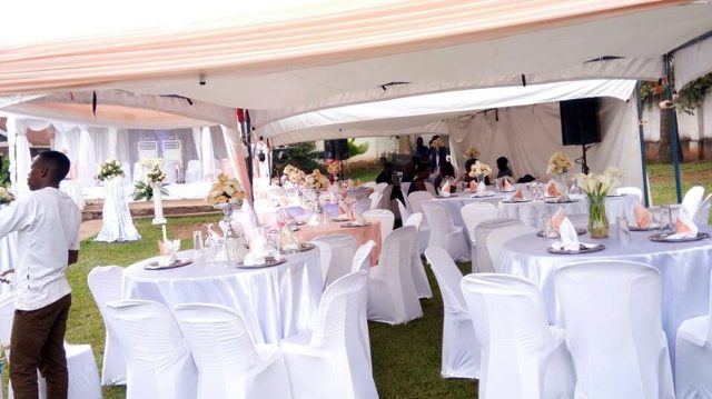 All white wedding decorations at Paya Gardens Nakulabye