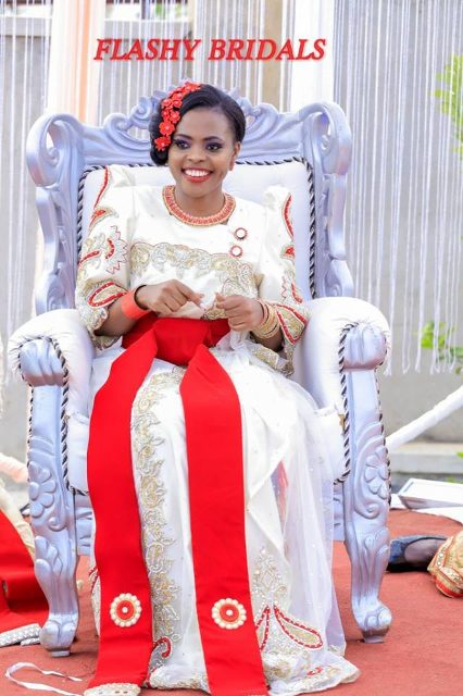 Barbara's Kwanjula Bridal Wear: Gold and Red Gomesi