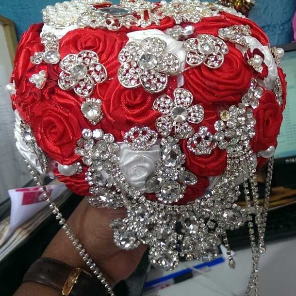 Red and white inspired bridal bouquet by Bridal Bouquets By Janet
