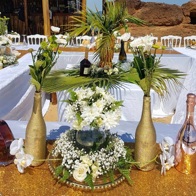 Gold & green decorations by Barbie Kyagulanyi at One Love Beach Busabala
